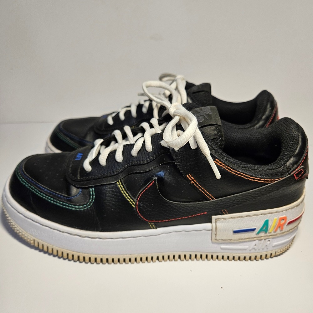 Nike Air Force 1 Shadow Black Multi Colorโ Stitching Sneakers Womens Size 8.5
